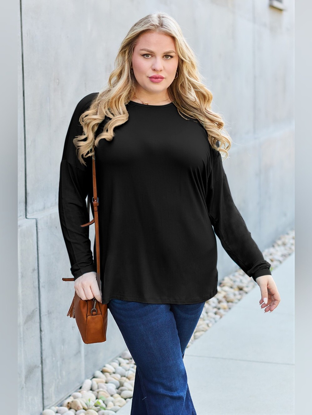 Women's Plus-Size Black Long Sleeve Crewneck Top